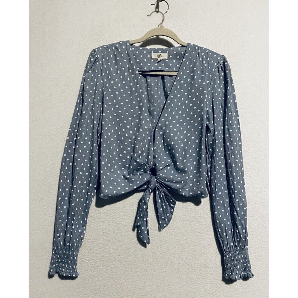 Entro Top Womens Medium Polka Dot Tie Waist Cropped Open Front Smocked Boho